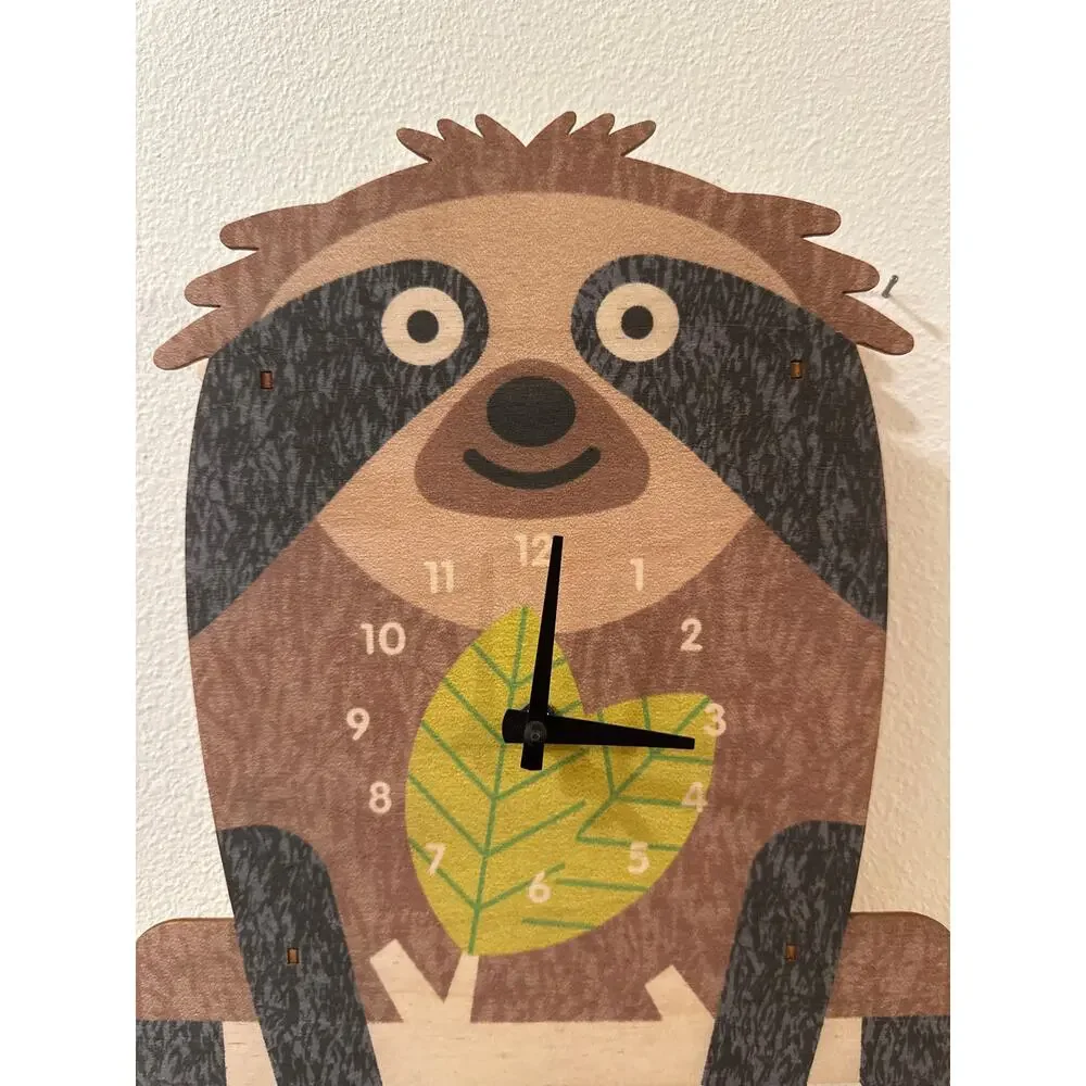 Sloth 3D Wall Clock by Modern Moose with a Leaf Pendulum Baltic Birch Wood